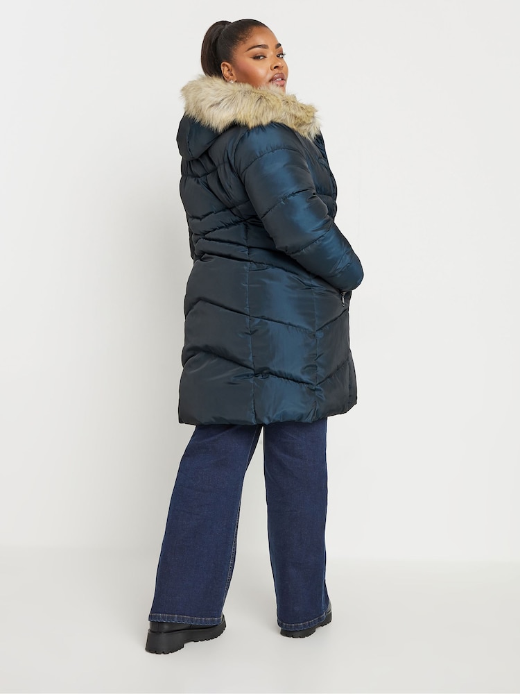 Yours Curve Blue Midi Padded Puffer Coat - Image 3 of 4