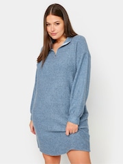 Yours Curve Blue Soft Touch Zip Neck Jumper Dress - Image 1 of 5