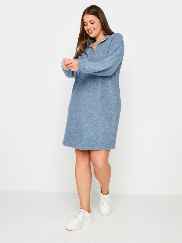 Yours Curve Blue Soft Touch Zip Neck Jumper Dress - Image 2 of 5 Yours Curve Blue Soft Touch Zip Neck Jumper Dress - Image 2 of 5