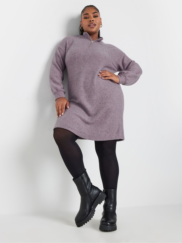 Yours Curve Pink Soft Touch Zip Neck Jumper Dress - Image 1 of 5