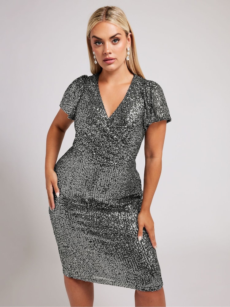 Yours Curve Silver London Sequin Wrap Shift Dress - Image 1 of 5