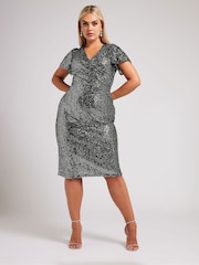 Yours Curve Silver London Sequin Wrap Shift Dress - Image 2 of 5