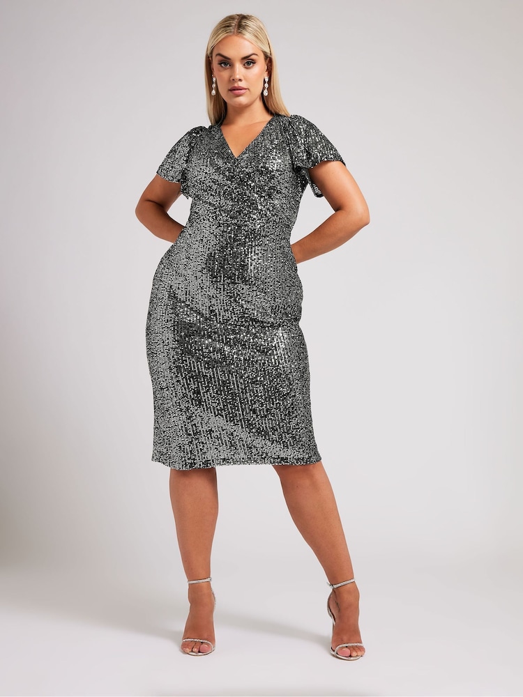 Yours Curve Silver London Sequin Wrap Shift Dress - Image 2 of 5