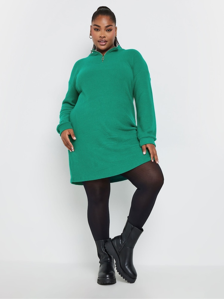 Yours Curve Green Soft Touch Zip Neck Jumper Dress - Image 1 of 4