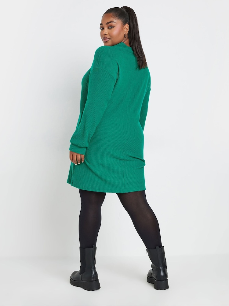 Yours Curve Green Soft Touch Zip Neck Jumper Dress - Image 3 of 4