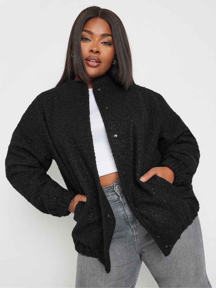 Yours Curve Black Wool Bomber Jacket - Image 1 of 5