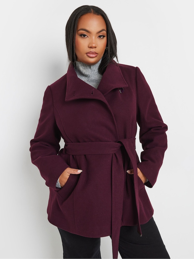 Yours Curve Purple Short Wrap Wool Coat - Image 1 of 5