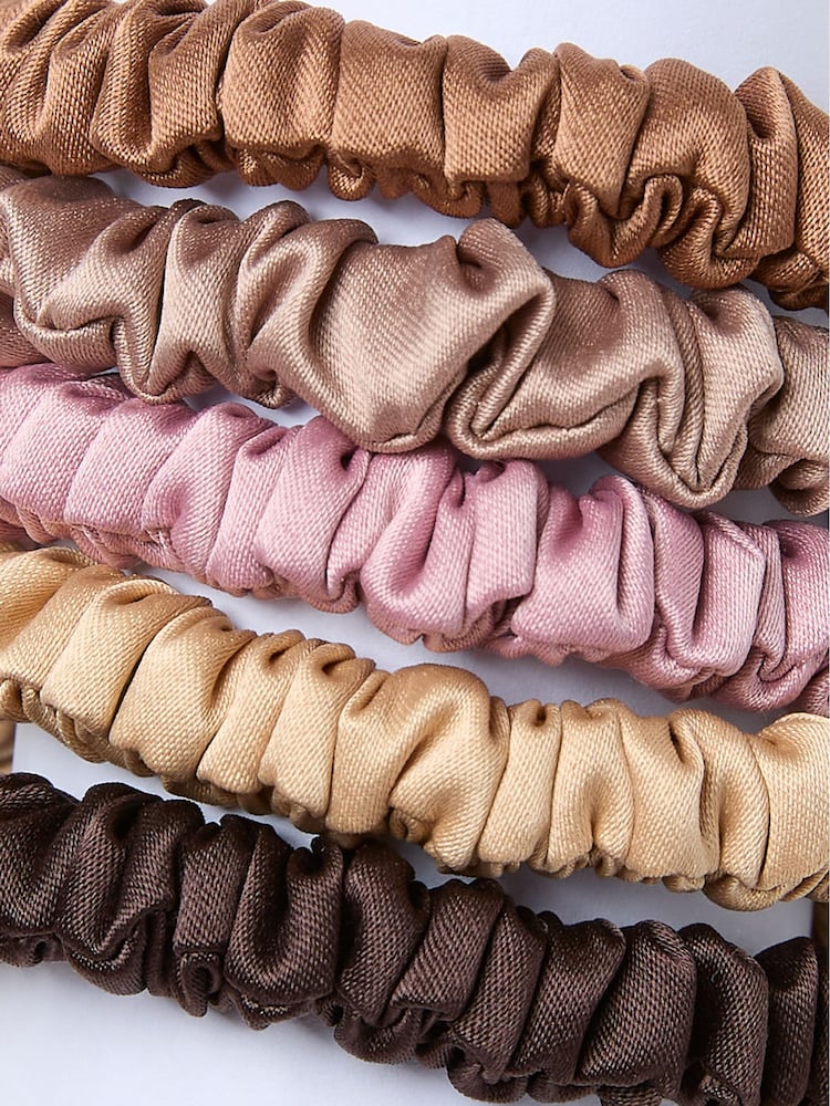 FatFace Brown Plain Satin Scrunchies 5 Pack - Image 2 of 2 FatFace Brown Plain Satin Scrunchies 5 Pack - Image 2 of 2