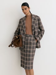 Reiss Brown Check Sandor Petite Wool Check Midi Pencil Skirt - Image 3 of 8