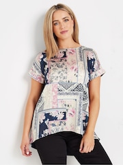 M&Co Blue Scarf Printed Woven Front Top - Image 1 of 5