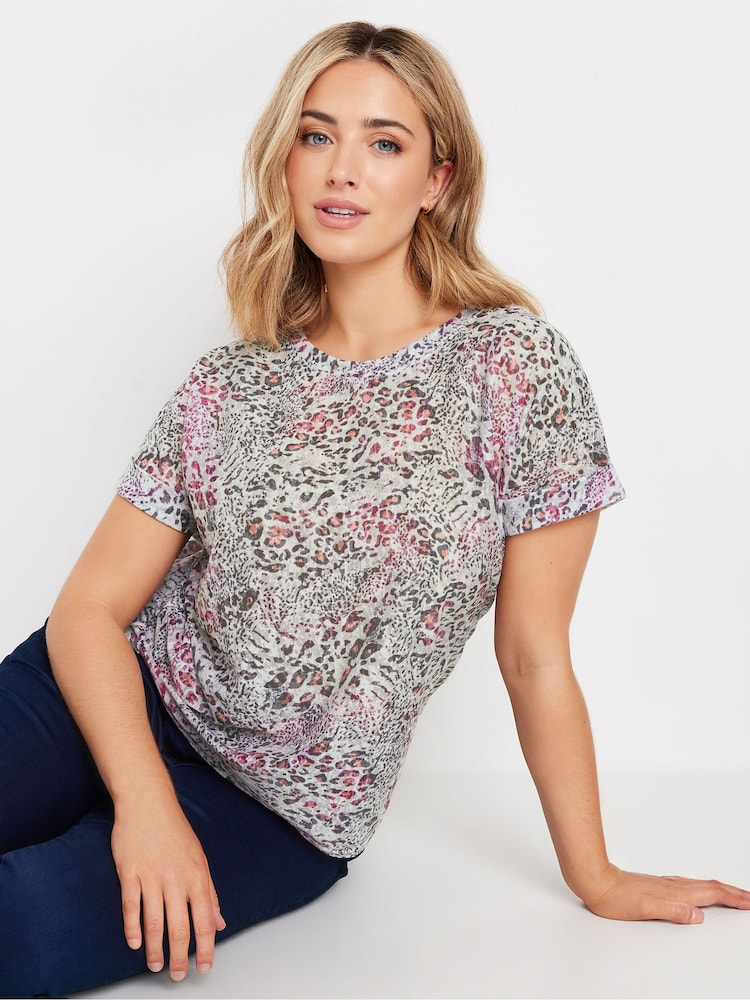 M&Co Pink Leopard Print Burn Out Short Sleeve Top - Image 1 of 5