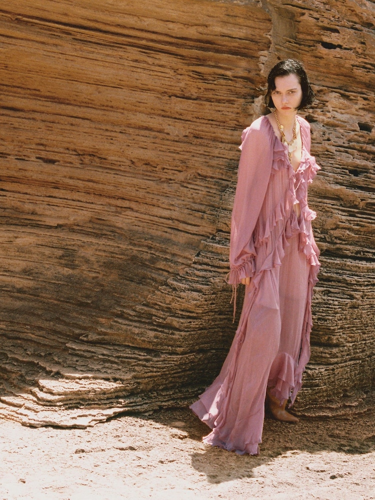 Mango Pink Boho Chiffon Maxi Dress With Ruffles - Image 1 of 8