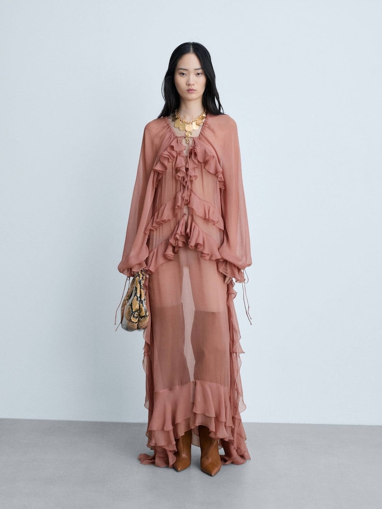 Mango Pink Boho Chiffon Maxi Dress With Ruffles - Image 2 of 8