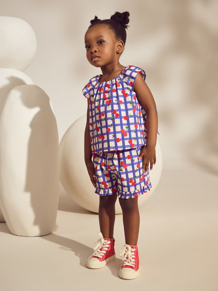 Purple 100% Cotton Cherry Check Top and Shorts Set (3mths-7yrs) - Image 1 of 8