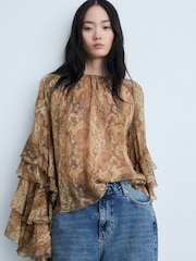 Mango Brown Ruffle Blouse With Snake Print - Image 1 of 7