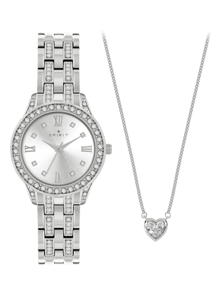 Spirit Ladies Silver Tone Bracelet Watch And Heart-Shaped Stone Chain Necklace Set - Image 1 of 5