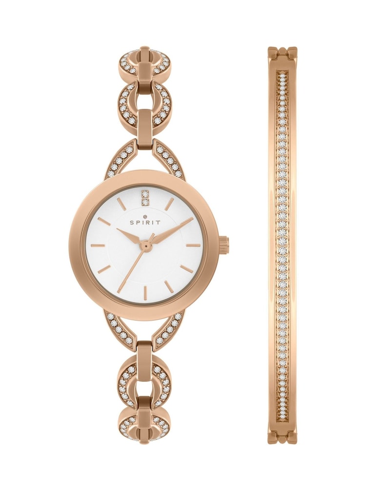 Spirit Ladies Gold Tone Polished Pale Rose Link Bracelet Watch And Bracelet Set - Image 1 of 4