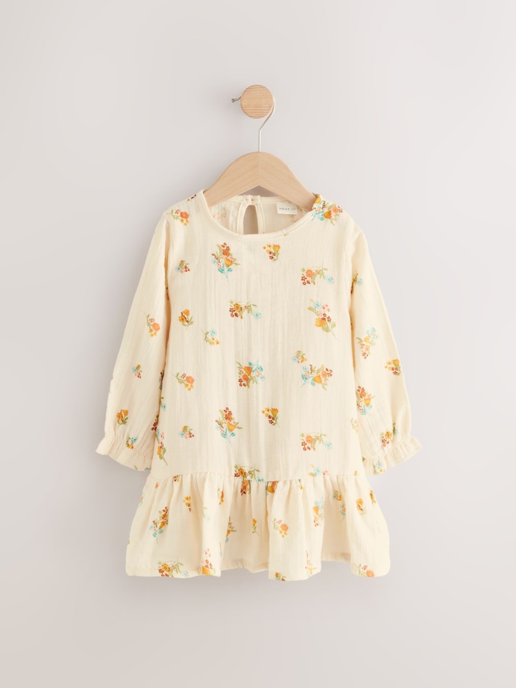 Ecru White Floral Woven 100% Cotton Baby Dress - Image 1 of 4