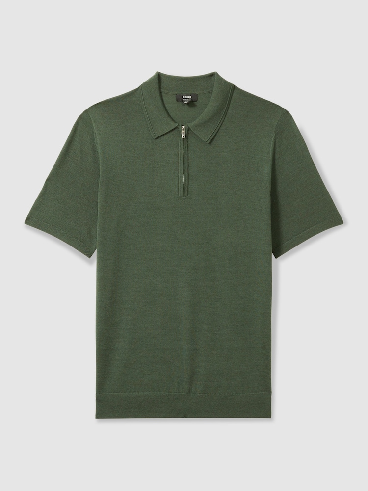 Reiss Dark Kale Green Maxwell Merino Wool Half-Zip Polo Shirt - Image 2 of 7