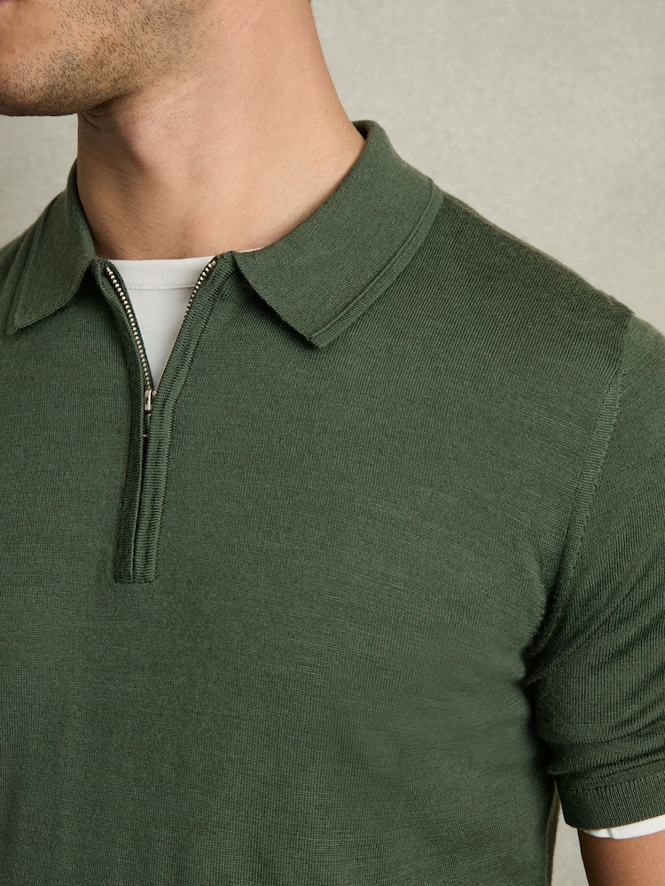 Reiss Dark Kale Green Maxwell Merino Wool Half-Zip Polo Shirt - Image 4 of 7