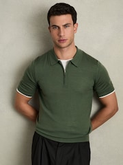 Reiss Dark Kale Green Maxwell Merino Wool Half-Zip Polo Shirt - Image 6 of 7
