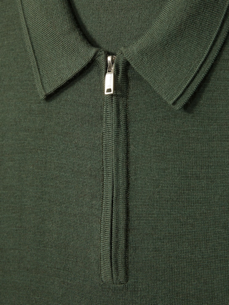 Reiss Dark Kale Green Maxwell Merino Wool Half-Zip Polo Shirt - Image 7 of 7