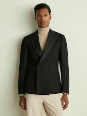 Reiss Black Thom Double-Breasted Tuxedo Jacket in Black Hopsack - Image 1 of 8