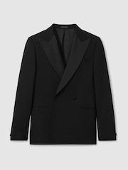 Reiss Black Thom Double-Breasted Tuxedo Jacket in Black Hopsack - Image 2 of 8