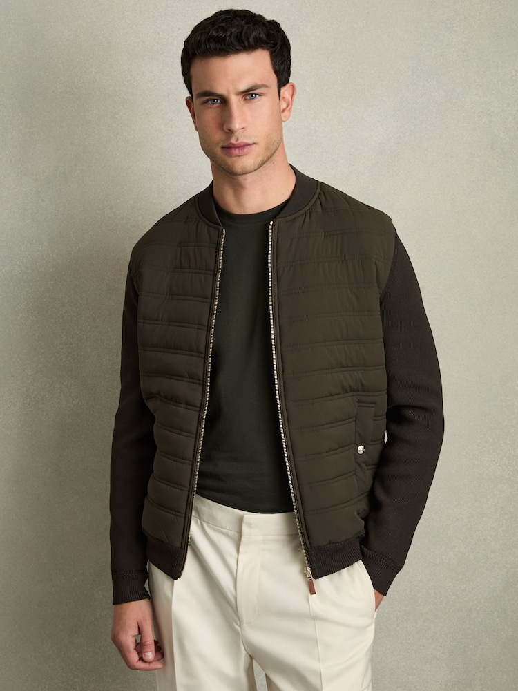 Reiss Military Green Tosca Quilted Hybrid Jacket - Image 1 of 7