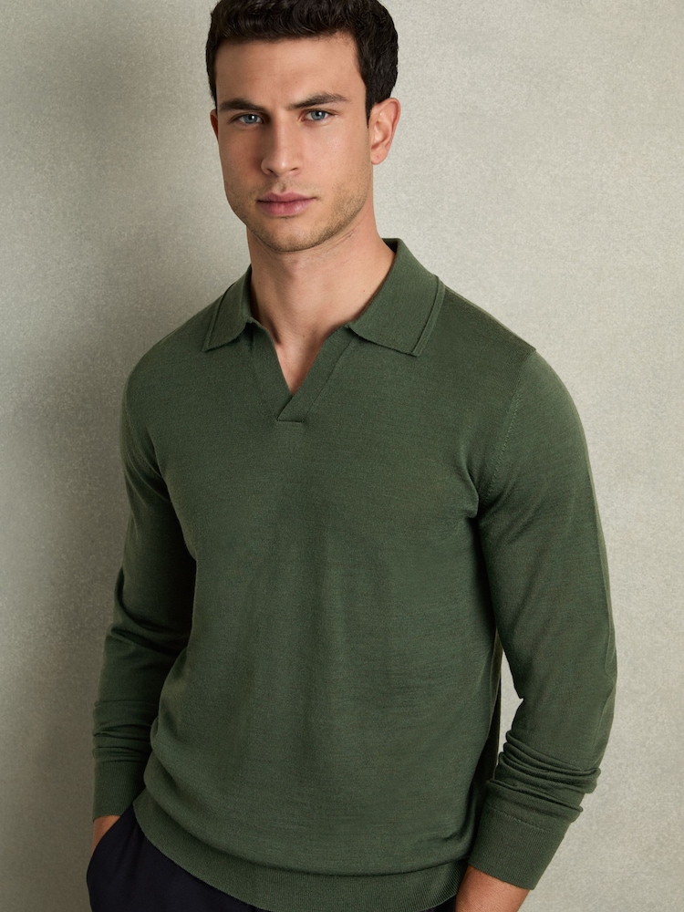 Reiss Dark Kale Green Milburn Merino Wool Half-Zip Polo Shirt - Image 1 of 8