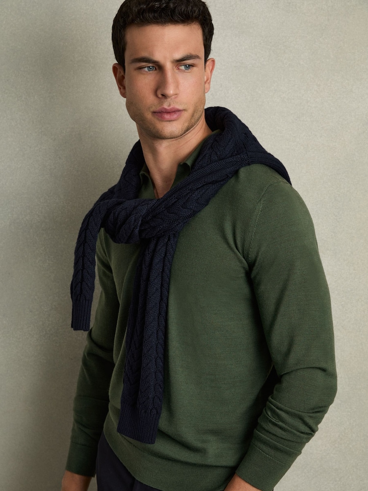 Reiss Dark Kale Green Milburn Merino Wool Half-Zip Polo Shirt - Image 7 of 8