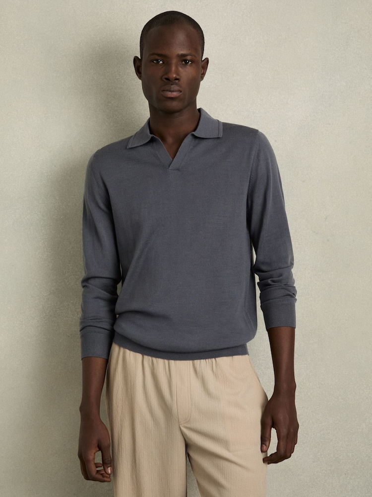 Reiss Blackened Blue Milburn Merino Wool Half-Zip Polo Shirt - Image 1 of 6