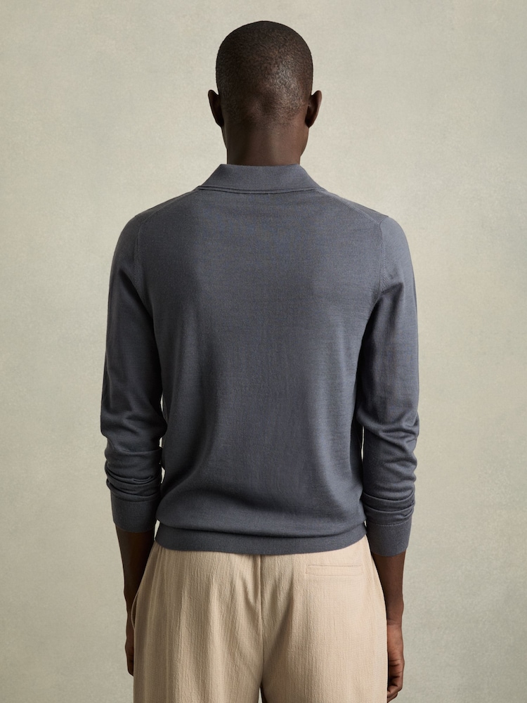 Reiss Blackened Blue Milburn Merino Wool Half-Zip Polo Shirt - Image 5 of 6
