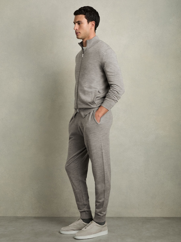 Reiss Warm Grey Melange Hampshire Merino Wool Funnel-Neck Cardigan - Image 1 of 5
