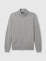 Reiss Warm Grey Melange Hampshire Merino Wool Funnel-Neck Cardigan - Image 2 of 5