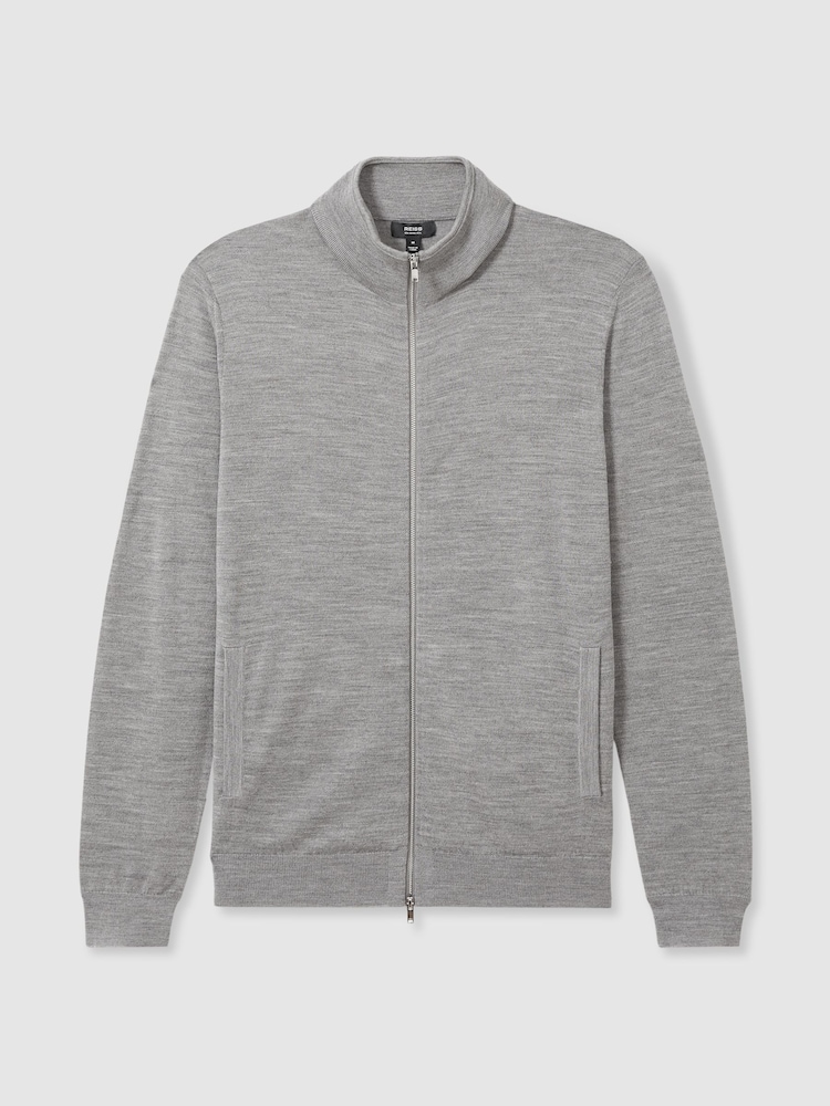 Reiss Warm Grey Melange Hampshire Merino Wool Funnel-Neck Cardigan - Image 2 of 5