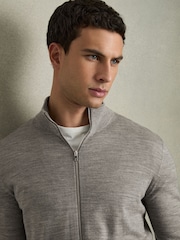Reiss Warm Grey Melange Hampshire Merino Wool Funnel-Neck Cardigan - Image 3 of 5