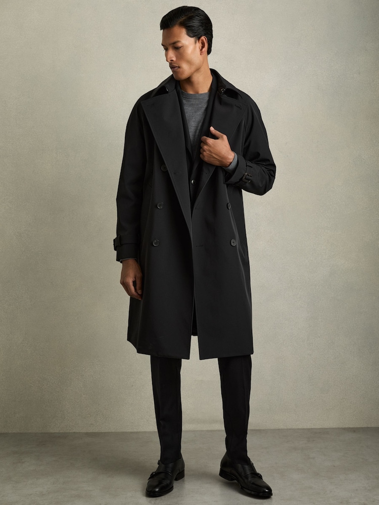 Reiss Black Scramble Double Breasted Long Trench Coat - Image 1 of 7