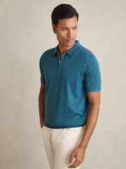 Reiss Deep Teal Blue Maxwell Merino Wool Half-Zip Polo Shirt - Image 1 of 6