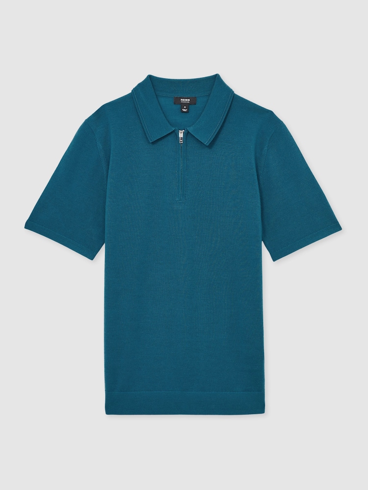 Reiss Deep Teal Blue Maxwell Merino Wool Half-Zip Polo Shirt - Image 2 of 6