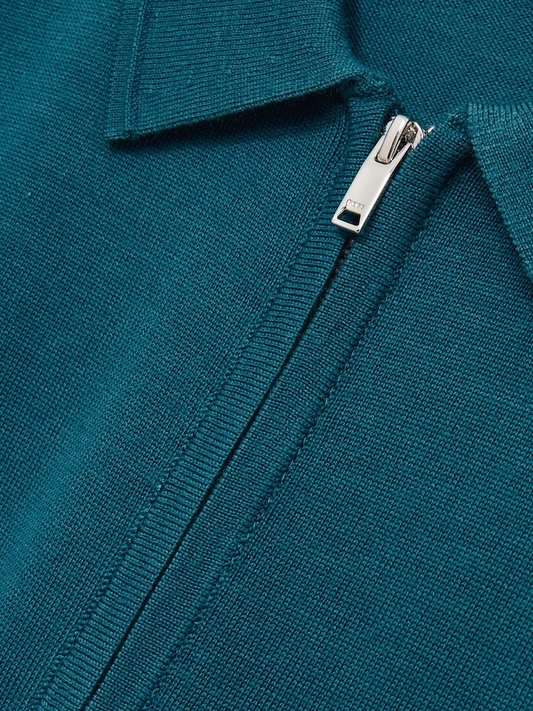 Reiss Deep Teal Blue Maxwell Merino Wool Half-Zip Polo Shirt - Image 6 of 6