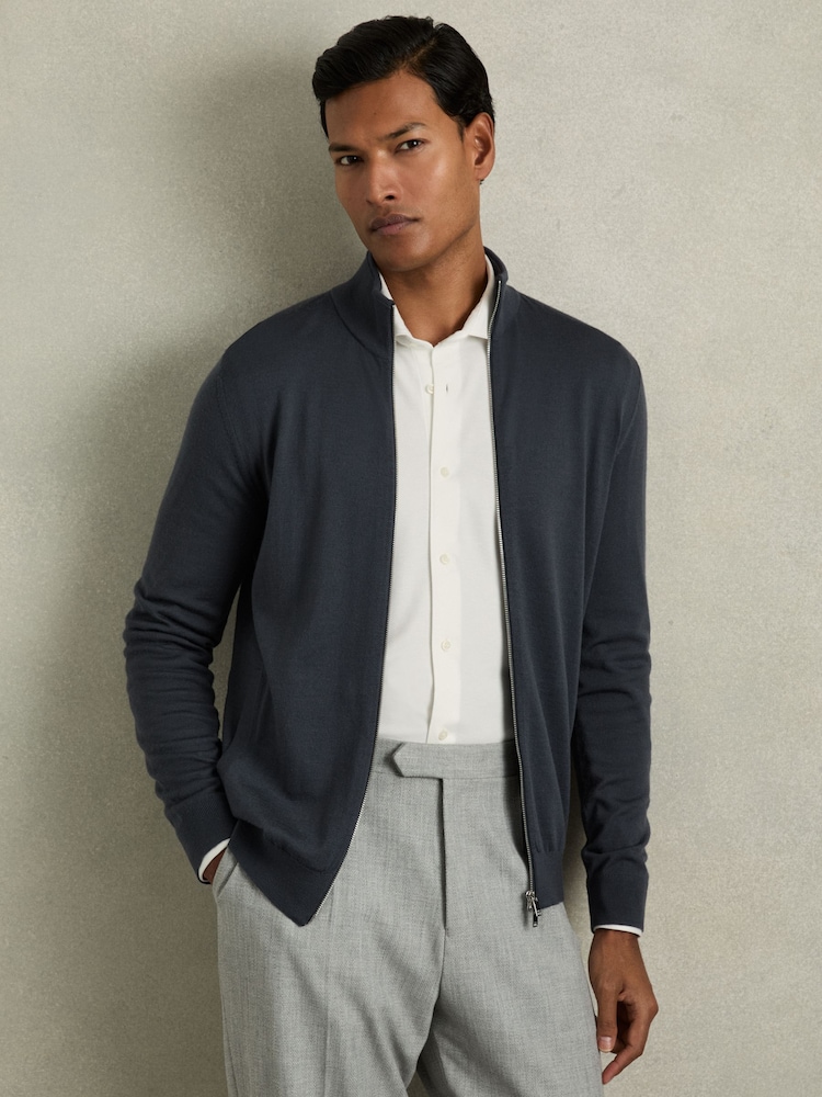 Reiss Blackened Blue Hampshire Merino Wool Funnel-Neck Cardigan - Image 1 of 6