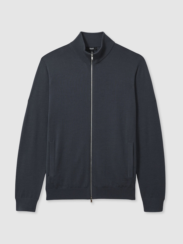Reiss Blackened Blue Hampshire Merino Wool Funnel-Neck Cardigan - Image 2 of 6