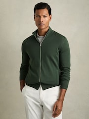 Reiss Dark Kale Green Hampshire Merino Wool Funnel-Neck Cardigan - Image 1 of 6