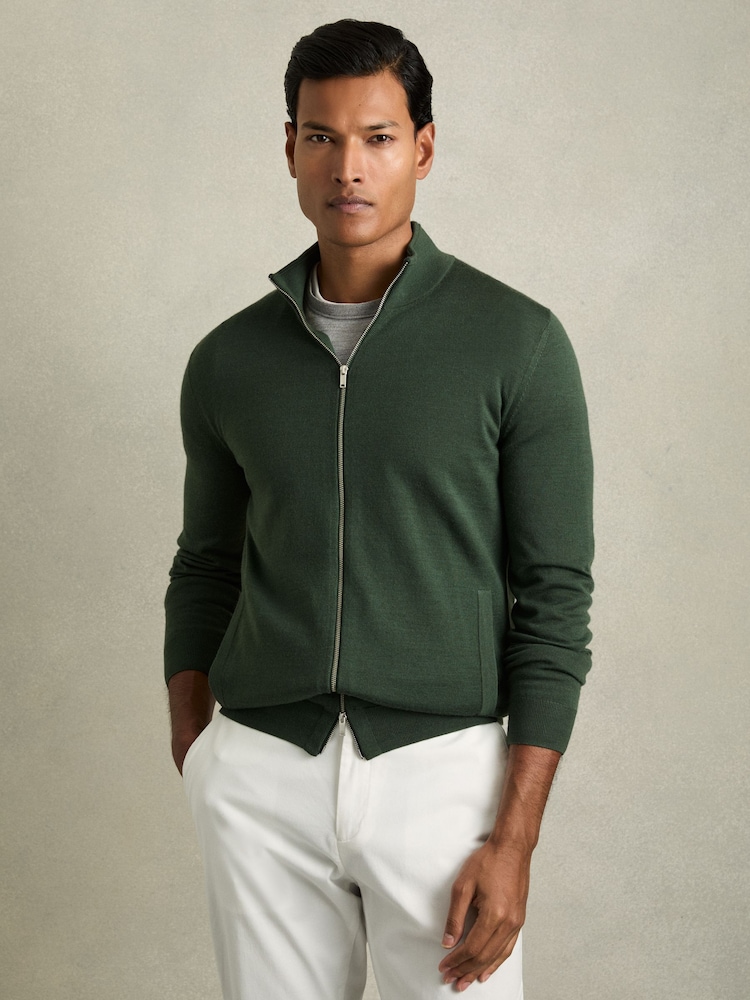 Reiss Dark Kale Green Hampshire Merino Wool Funnel-Neck Cardigan - Image 1 of 6