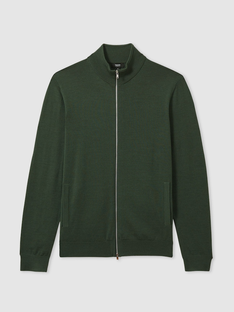 Reiss Dark Kale Green Hampshire Merino Wool Funnel-Neck Cardigan - Image 2 of 6