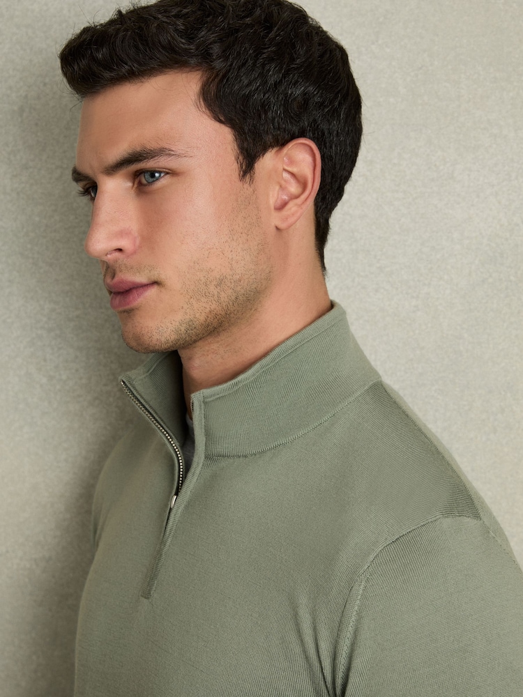 Reiss Herb Green Blackhall Merino Wool Half-Zip Funnel Neck Jumper - Image 4 of 6