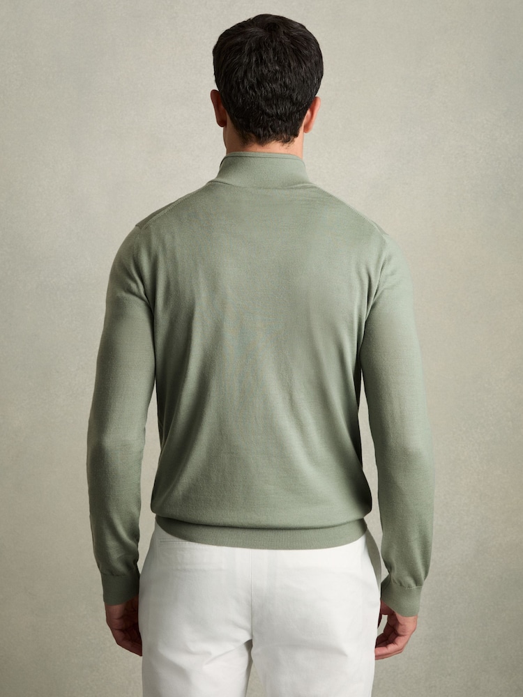 Reiss Herb Green Blackhall Merino Wool Half-Zip Funnel Neck Jumper - Image 5 of 6