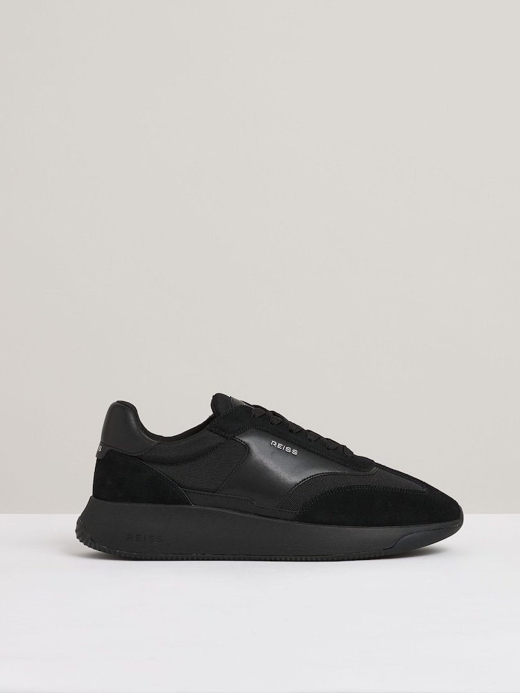 Reiss All Black Emmett Leather Suede Running Trainers - Image 1 of 5