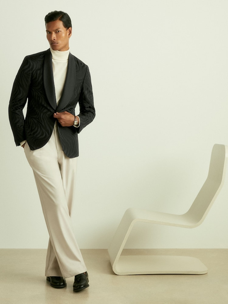 Reiss Black Wilder Wool-Blend Jacquard Tuxedo Jacket - Image 1 of 8